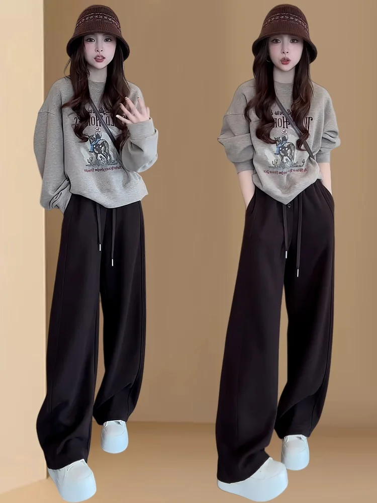 Sweat-shirt et pantalon à jambes larges pour femmes, ensemble deux pièces décontracté et polyvalent, amincissant, nouvelle collection automne hiver, tapis ular...