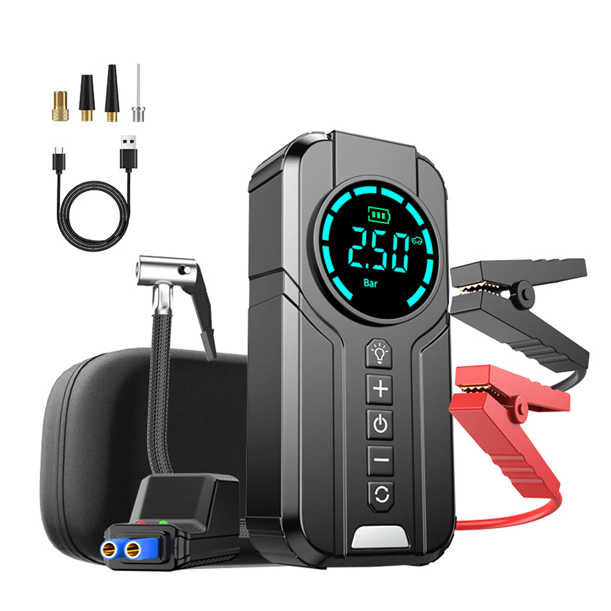 12V Portable Car Battery Charger Emergency Kit Auto Jump Jumper Starter Tire Inflator with Tire Pressure Monitor Power Bank