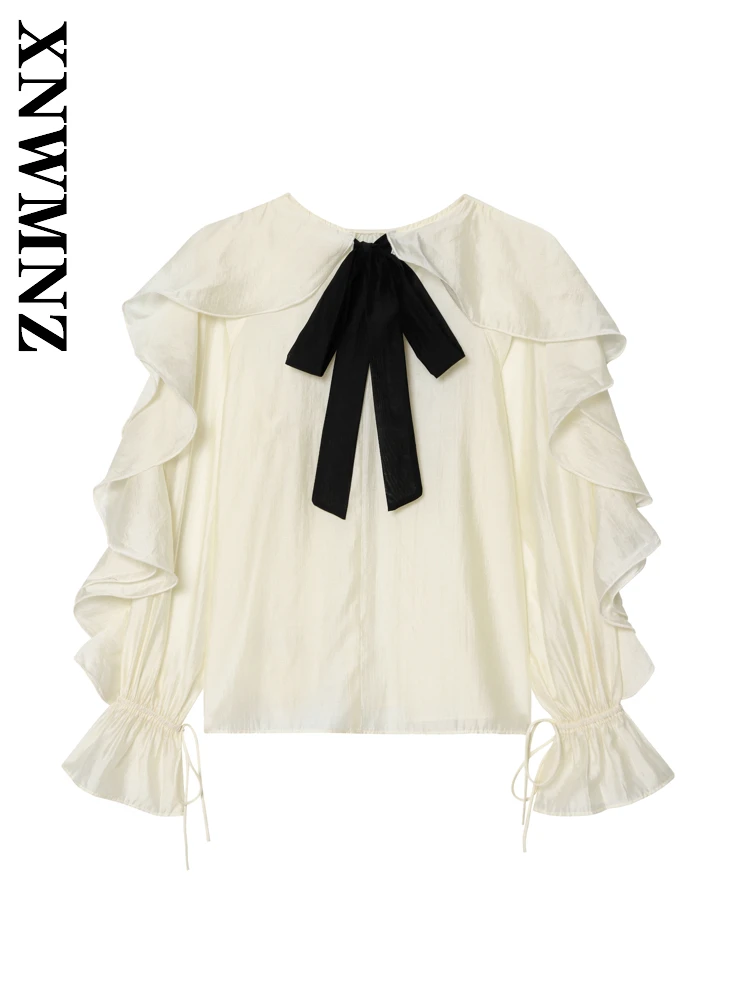 

XNWMNZ 2025 Spring Women Clothing Casual Fashion Long Sleeve O-Collar Ruffle Long Sleeve Top Chic Simple Lady Color Block Shirt