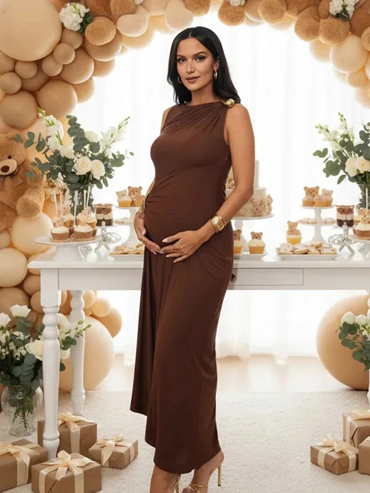 Chic One Shoulder Ruched Maternity Pregnancy Photo Dress Sleeveless Bodycon Long Gown Baby Shower Outfit Women Fashion Prop
