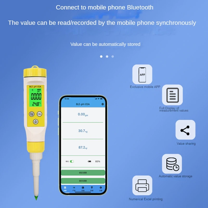 Medidor de pH digital Bluetooth com retroiluminação LCD, testador de pH alimentar, alta precisão, carne, pão e água