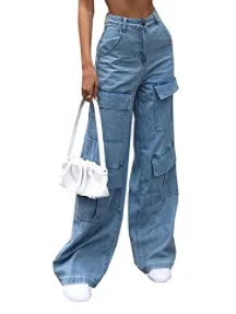 Women Jeans Wide Leg Pants Cargo Denim Ankle Length Mid Waist Washing Zipper Loose Slight Strech High Street Solid Pockets