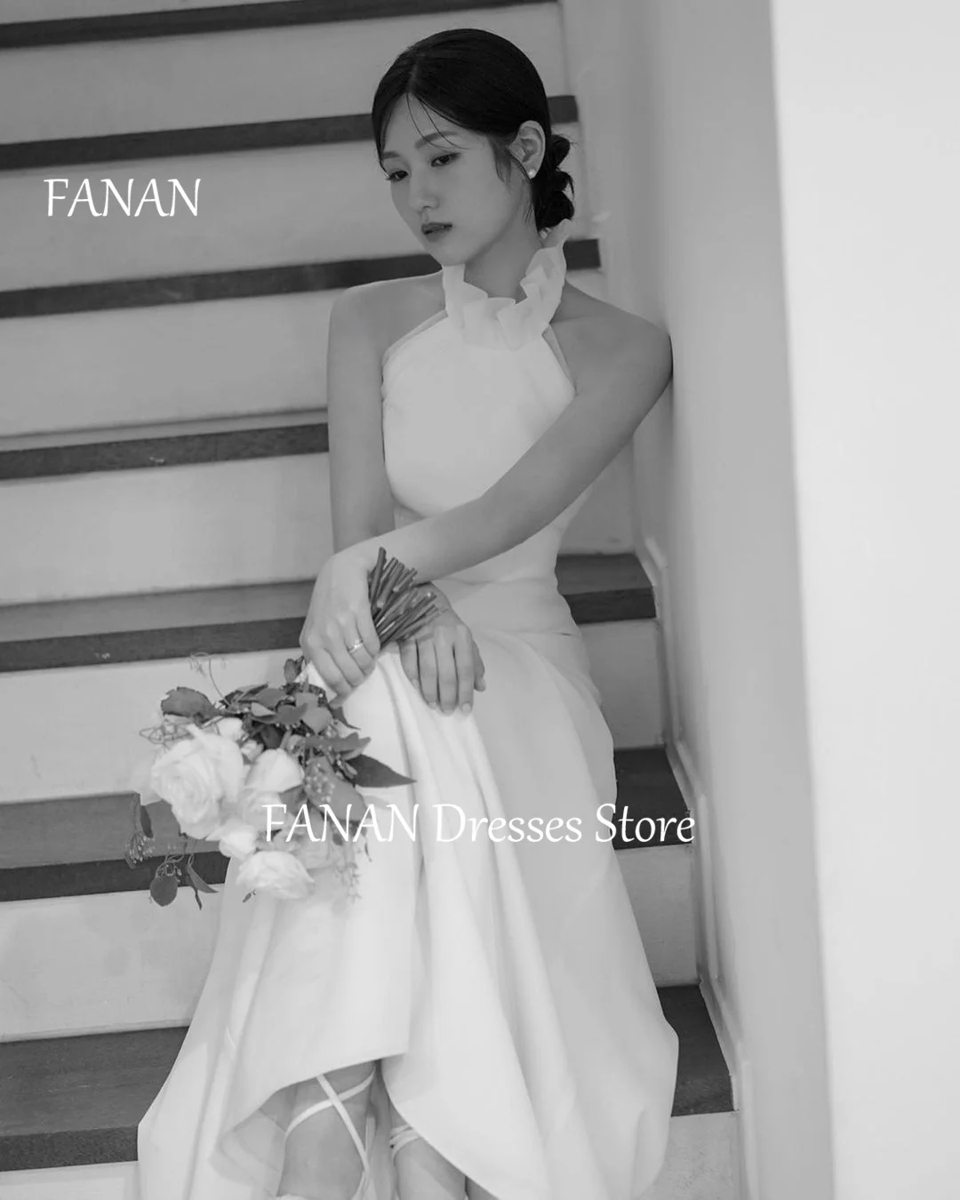 FANAN Korea Halter Neck Ruched Wedding Dresses 웨딩드레스 Ivory Sleeveless Beach Satin Zipped Custom Made Bride Gowns Plus Size