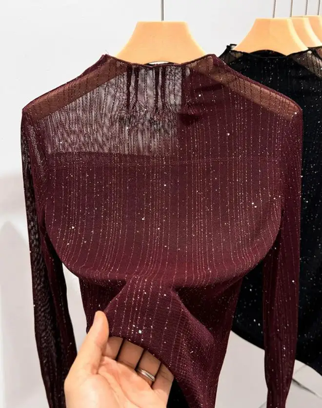 2025 Otoño/Invierno nueva moda mujer Casual Seda brillante gasa manga larga camiseta Top ropa de mujer