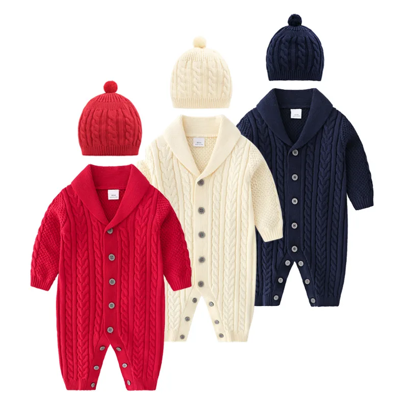 

Baby Kids Warm Clothes Sets Boys Girls Autumn Winter Knitted Romper With Hat For Infant Newborn Homewear Christmas Jumpsuit
