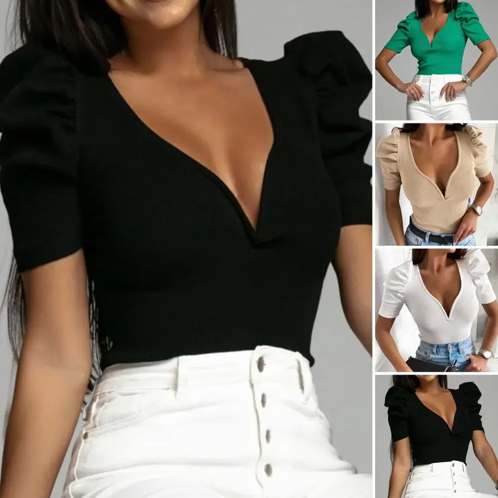 Summer Women Blouse V-neck Slim Ribbed Bodycon Top Puff Short Sleeve Solid Color Lady Bodycon Slim Top Workwear Women's Clothing