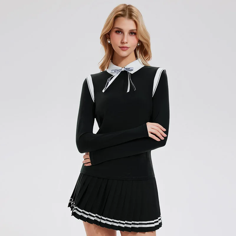High Performance Long Sleeve Women's Gym Shirt for Running and Training Collar with Detachable Bow Tie Flare Hem Tennis