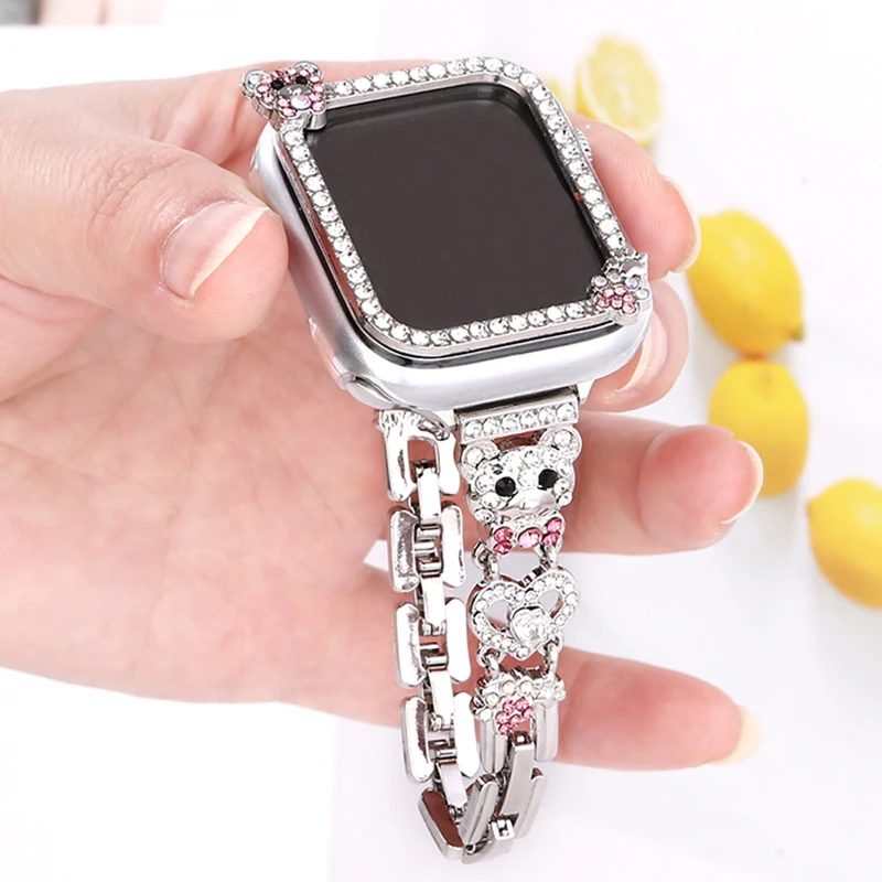 Stilvolle Glitzer-Diamant-Bär-Frauen-Apple-Watch-Hülle für iWatch-Band 45 44 mm 41 40 mm Hüllen SE 9-Tierpfote-Schutzhülle