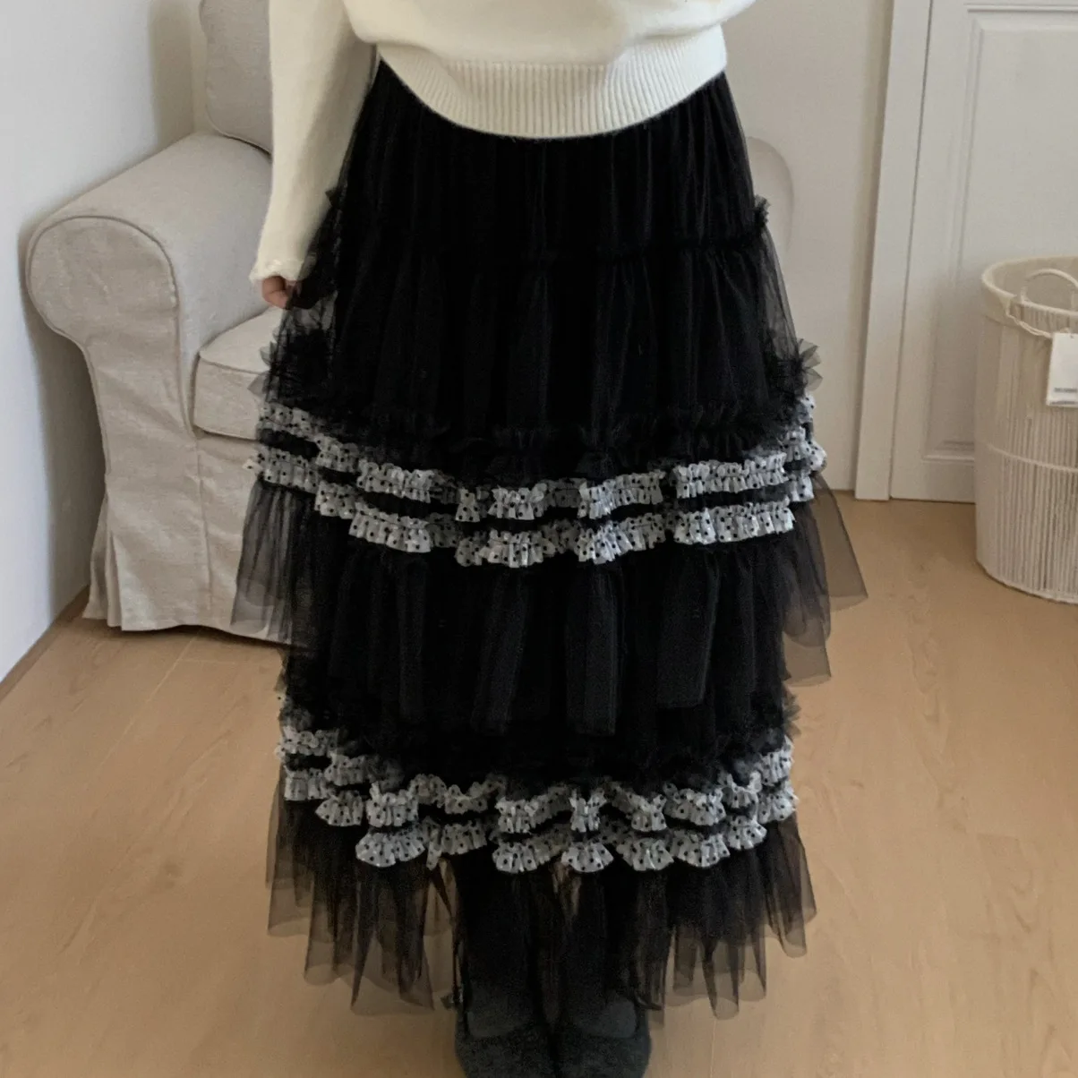 High Waist Commuter A-Line Skirt with Lace Trim Mesh Half-length Women's Fashion Stage Costume Long And Versatile Slimming