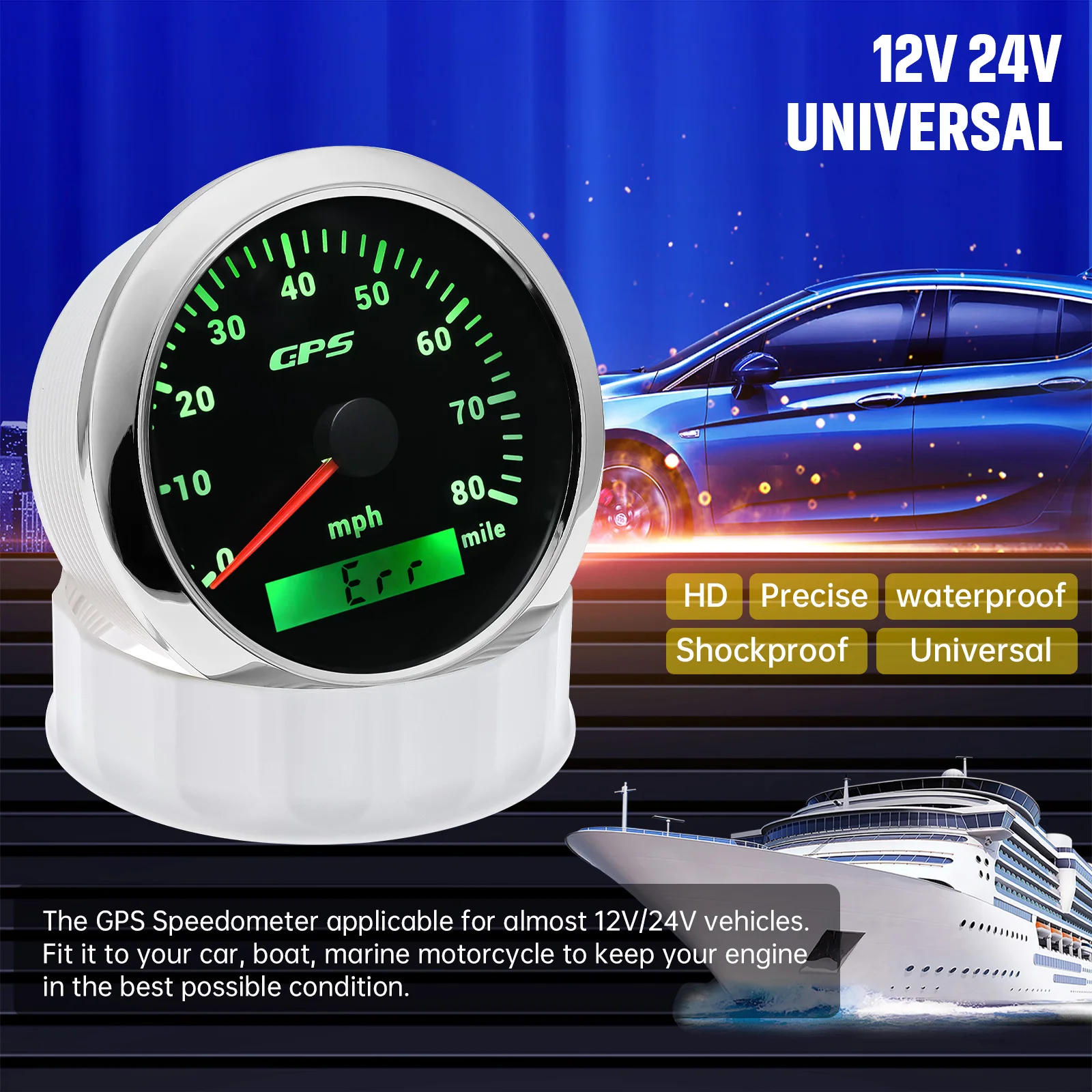 

85mm GPS Speedometer Odometer 0-60/80/120/200MPH Waterproof Gauge with Seven-color Backlight for Marine Boat Car Truck