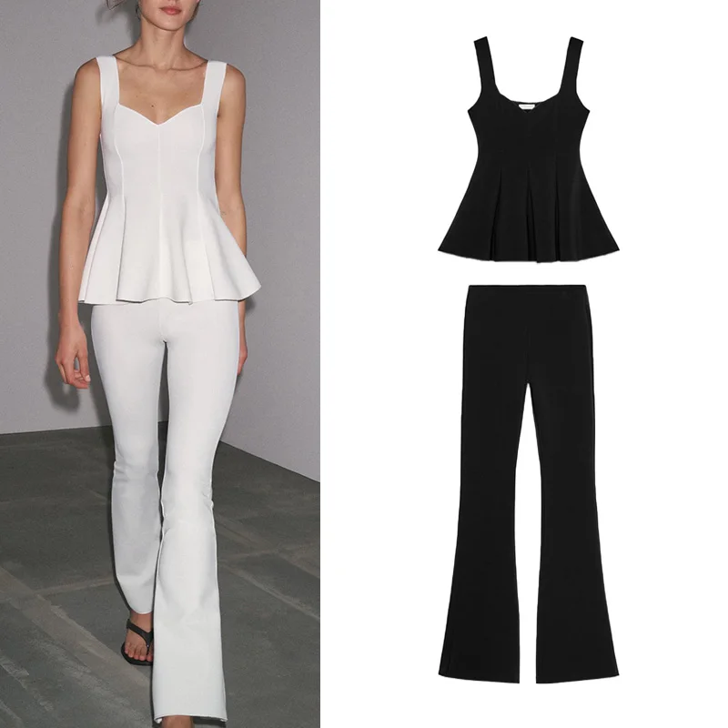 Top rotondo elastico a vita alta Ne e pantaloni svasati Set due pezzi gonna ort orlo Sle design semplice estate Faion donna...