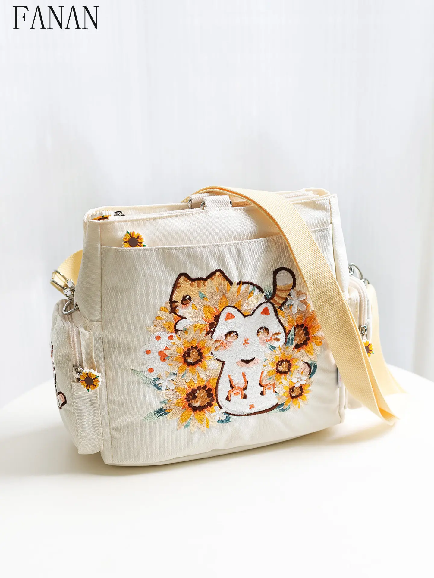 Large Capacity Canvas Bag with Cute Backpacks Cat Embroidery Multi-pocket Crossbody Shoulder Bag for Daily Use Casual Backpack