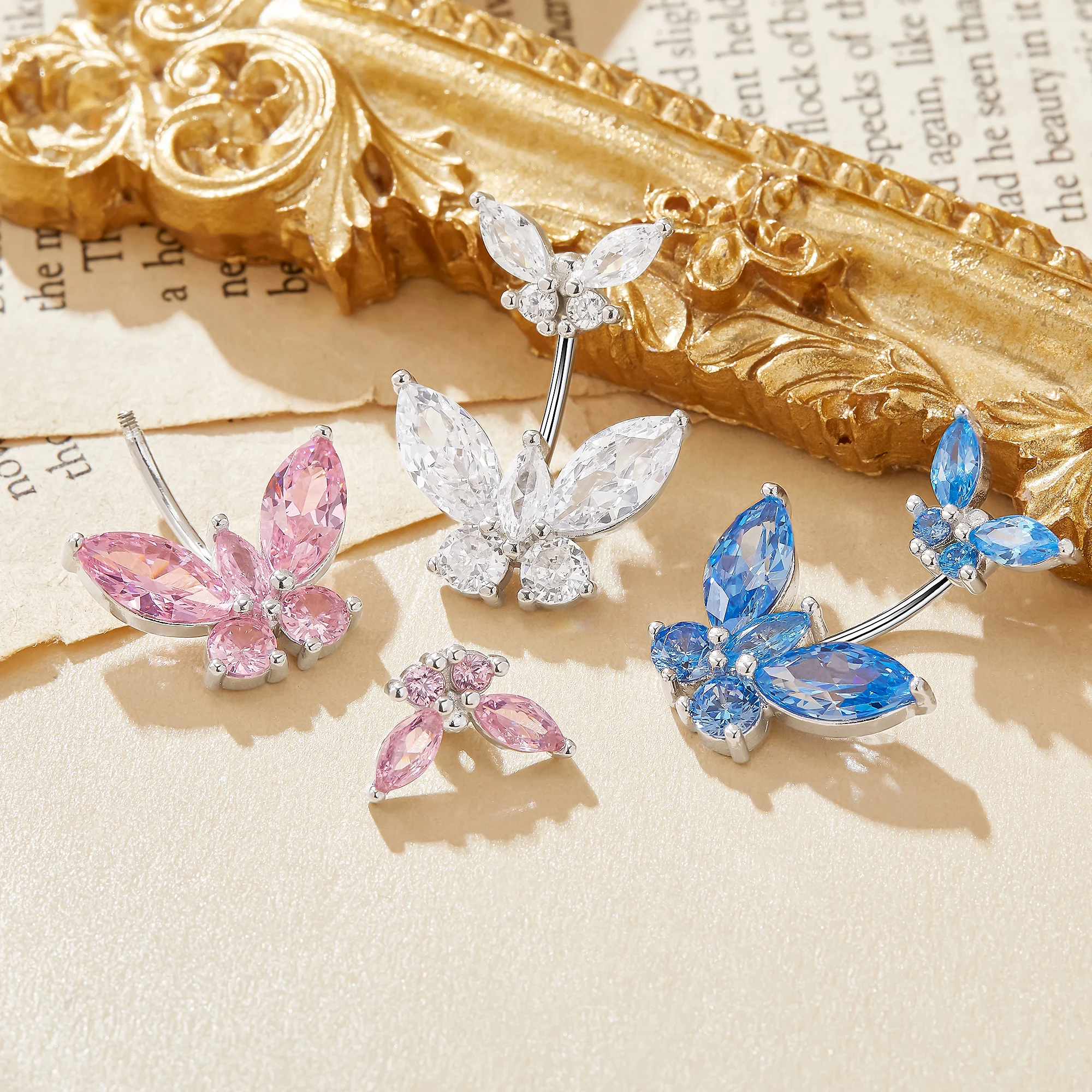 Butterly Blue Pink CZ Stone Solid 925 Sterling Silver Belly Button Ring Belly Piercing Navel Bar Navel Curved Barbell 6790027
