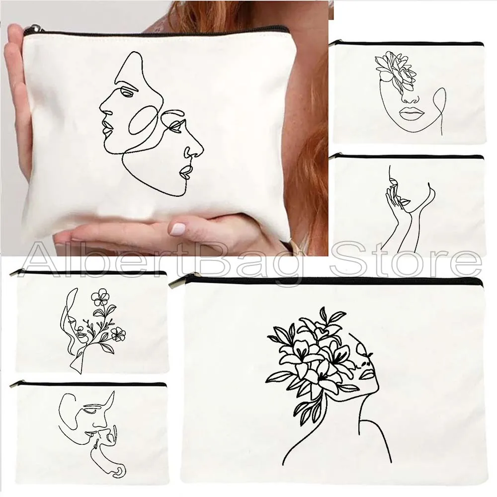 

Abstract Woman's Face Rose One Line Art Floral Woman Head Drawings Couple Minimalis Cosmetic Makeup Toilet Bag Pencil Case Pouch