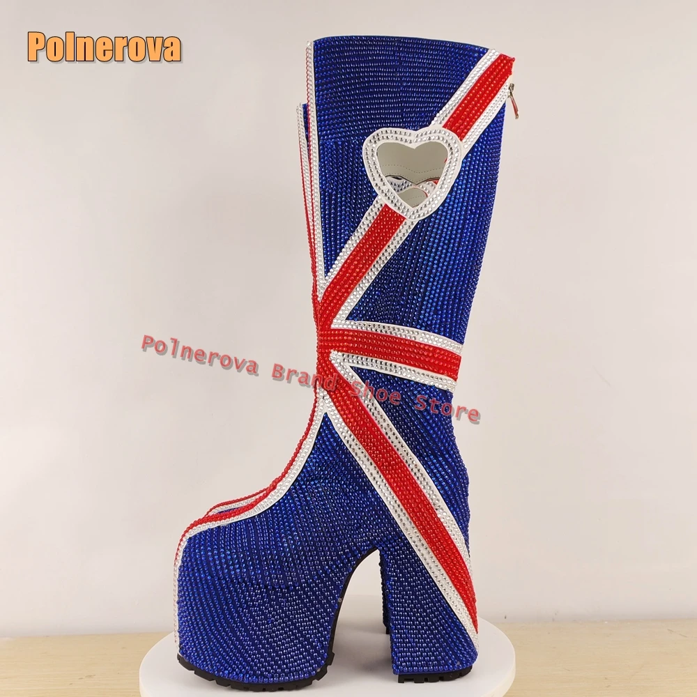 حجر الراين كابوس منصة أحذية الموضة جولة تو سميكة وحيد انتهاء الصلاحية نمط الجوف خارج على شكل قلب حذاء برقبة للركبة 2025 #6