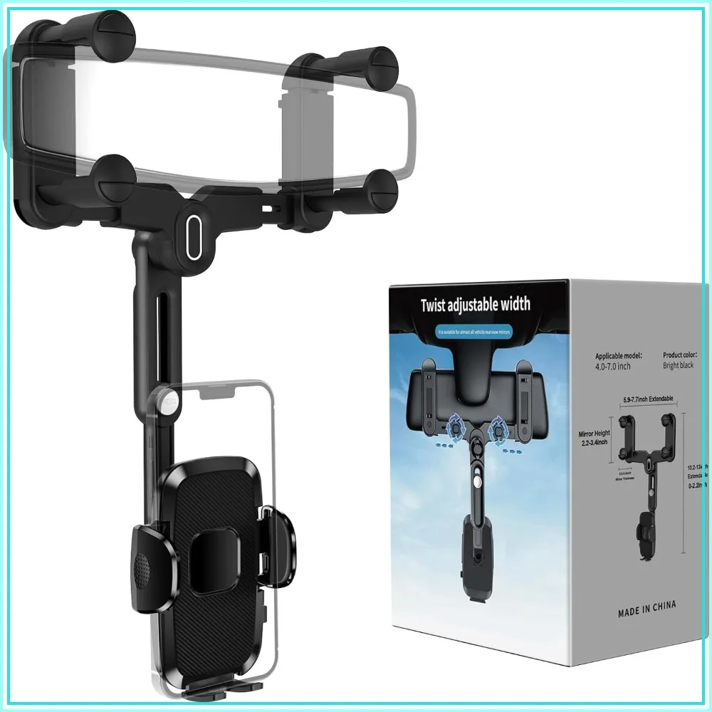 Car Phone Holder Mount, Rear View Mirror Phone Holder, Rotatable & Retractable, Fits 4-7 Inch Phones
