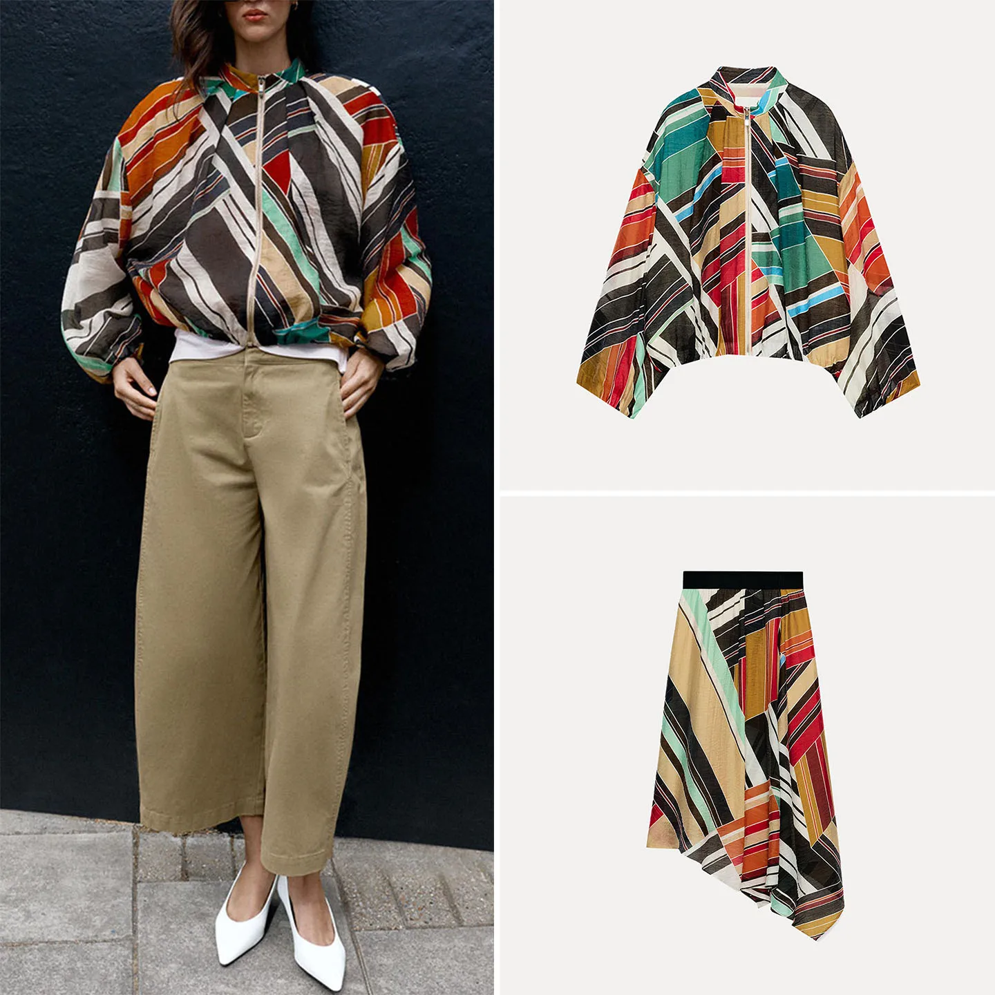 ZADATA Women's 2026 New Striped Pilot Jacket Outerwear Asymmetrical  Skirt Two-Piece Set Fashionable Autumn Collection
