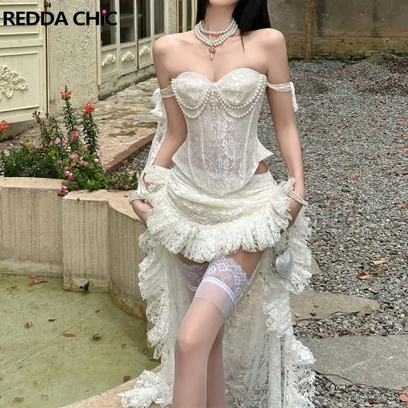 ReddaChic Victoria Jacquard Tube Top Train Skirt Women Matching Set Renaissance Ruffle Skirt Corset Top Medieval Retro Costume