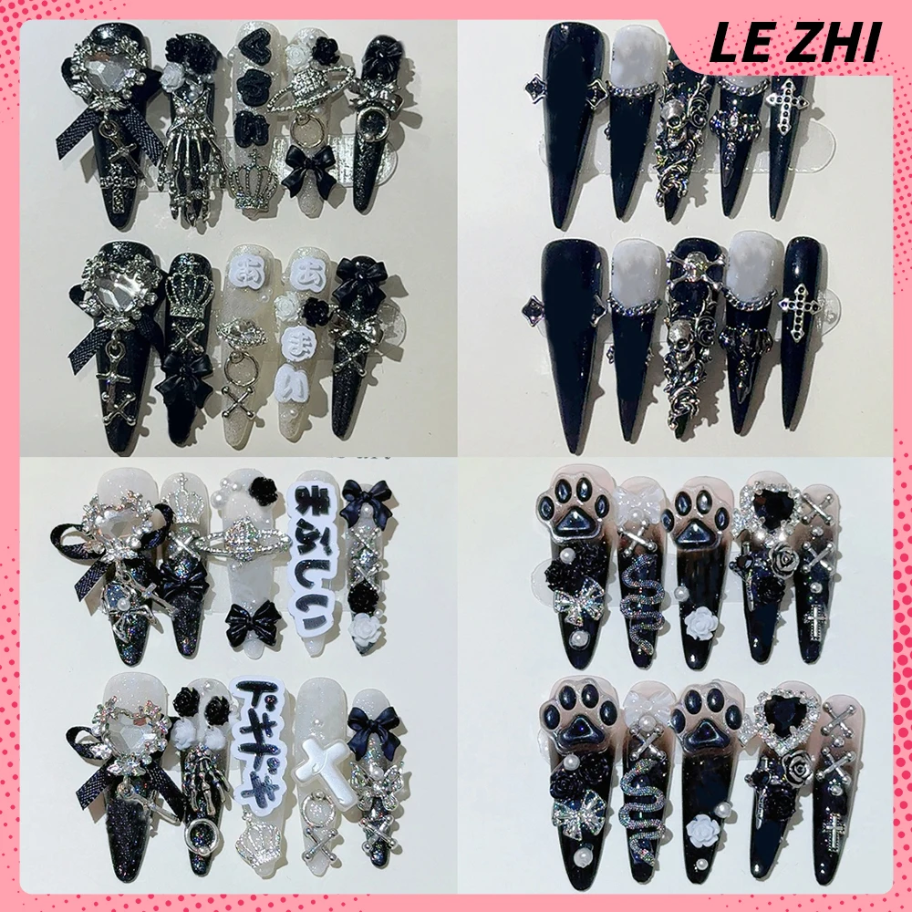 

Dark Punk Style Long Stiletto Handmade Reusable Press On Nails Spider Skull Hand Bones Pearl Flower Bowknot Diamond False Nails