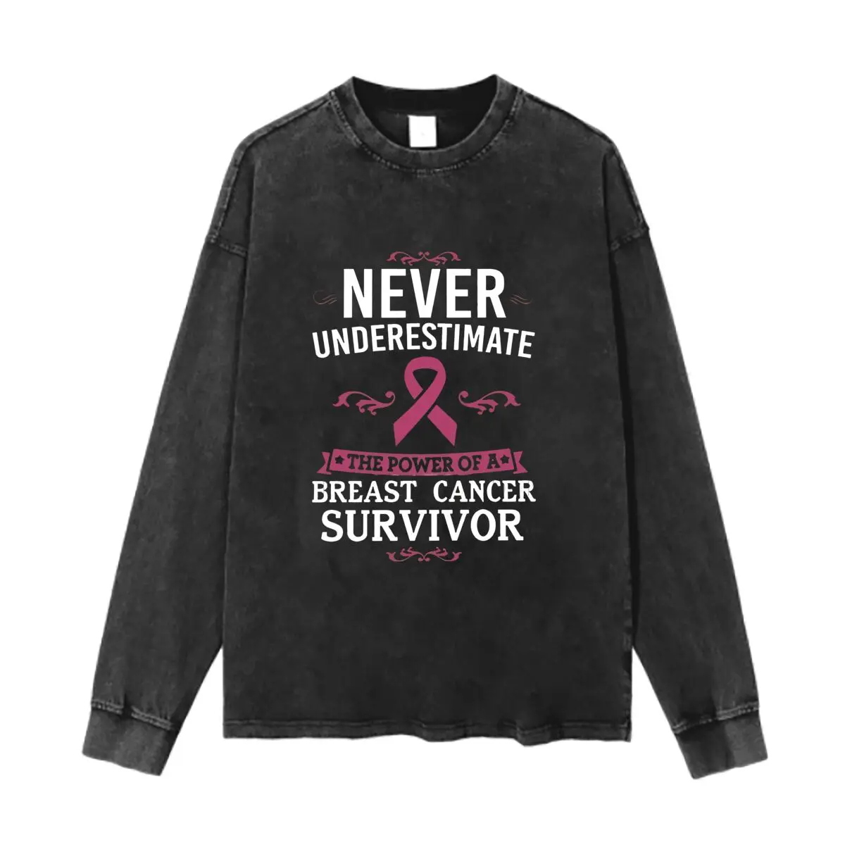 Never Underestimate the Power of a Breast Cancer Survivor Text Washed Vintage Long Sleeves Cotton Tee Shirt Solid O Collared