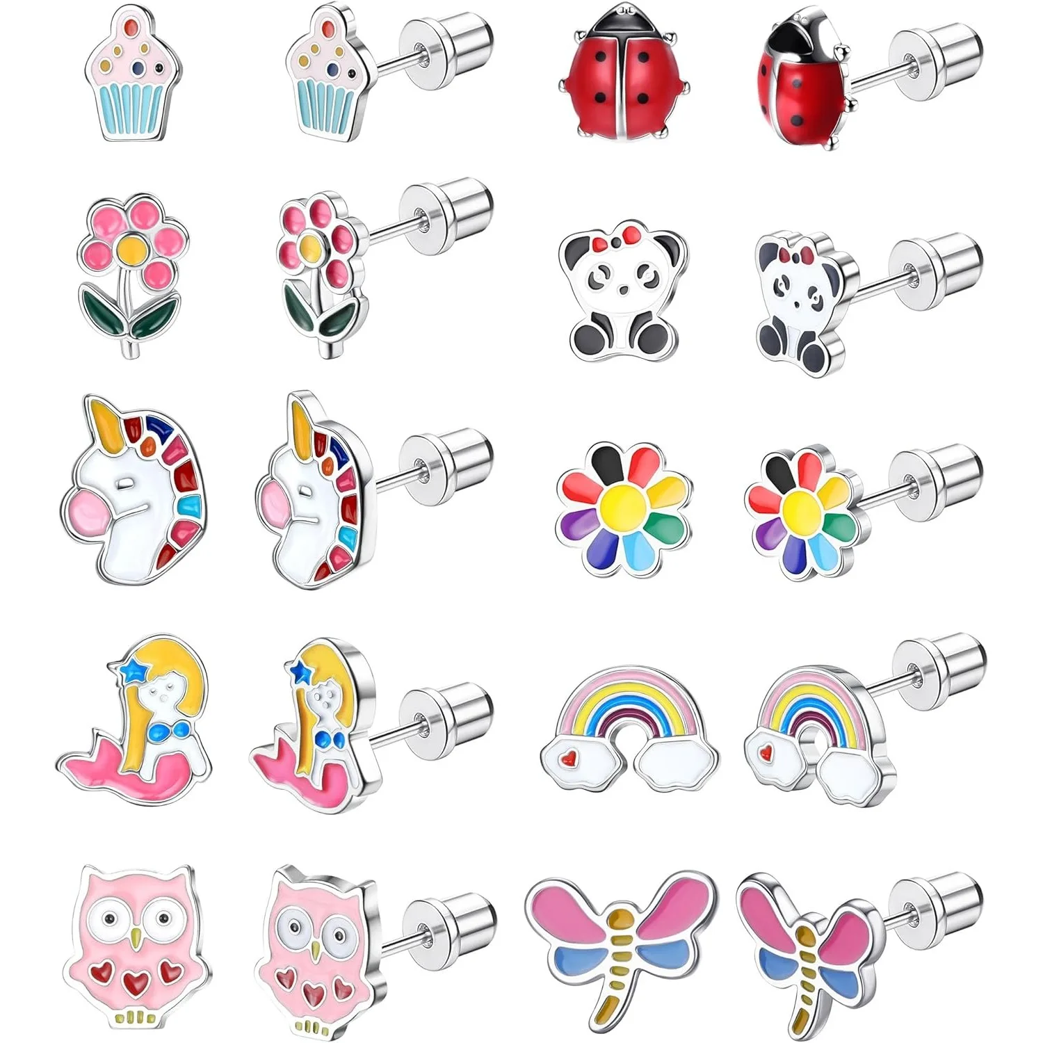 Bobisty 10 Pairs Stainless Steel Screw Back Earrings for Women CZ Heart Butterfly Ball Earrings Cat Rainbow Stud Earrings Set