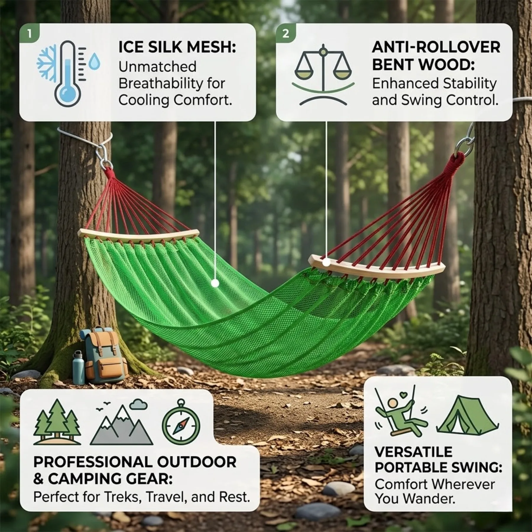 Hollow Mesh Outdoor Hammock Swing, Reinforced Curved Bracket, Sturdy & High Load-bearing for Garden Use