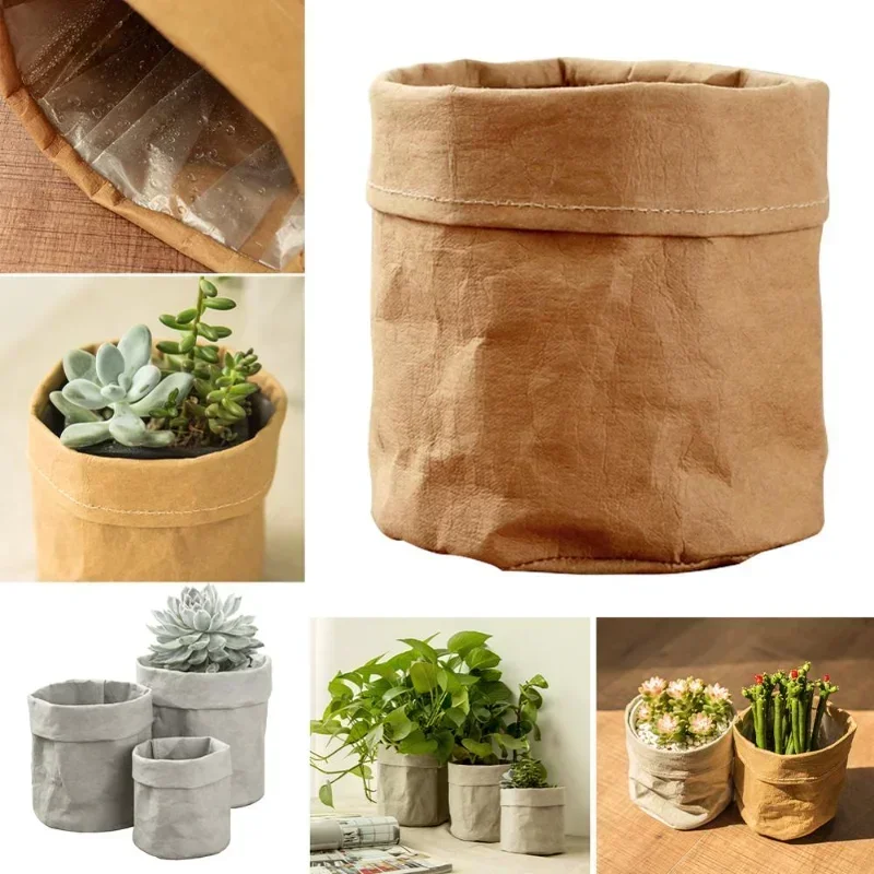 3-Sizes Pot Washable Kraft Paper Flowerpot Creative Desktop Flower Pots Reuseable Succulents Planter Multifunction Storage Bag