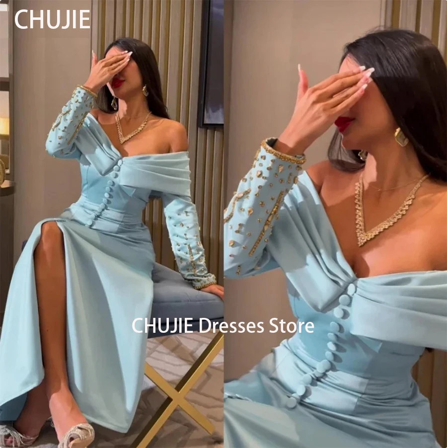 

Light Blue Evening Dresses With Crystal Wedding Cocktail Party Fashion Sexy Slit Formal Gowns Prom Dress فستان المساء Customized