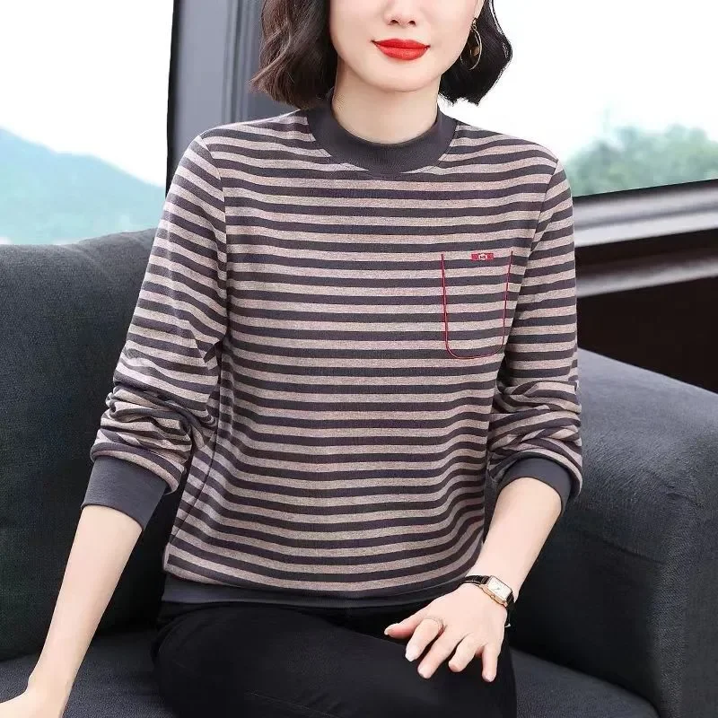 Women Striped Long Sleeve T Shirt Mock Neck Cotton Casual Thin Versatile Outer Top