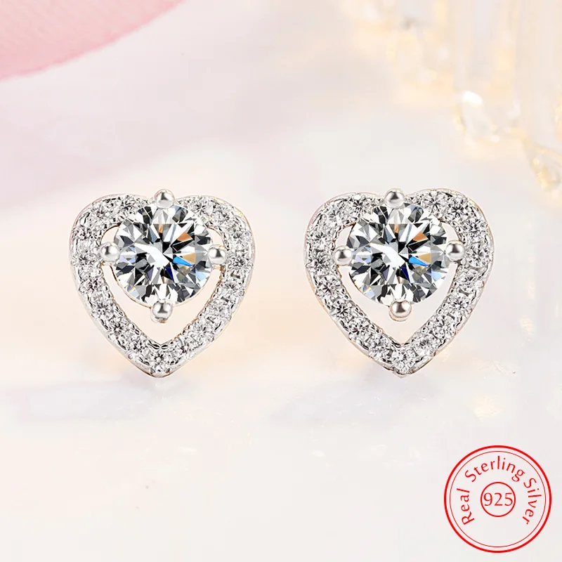 

Solid 925 Sterling Silver Jewelry Crystal Heart Stud Earrings For Woman New Fashion XY0503