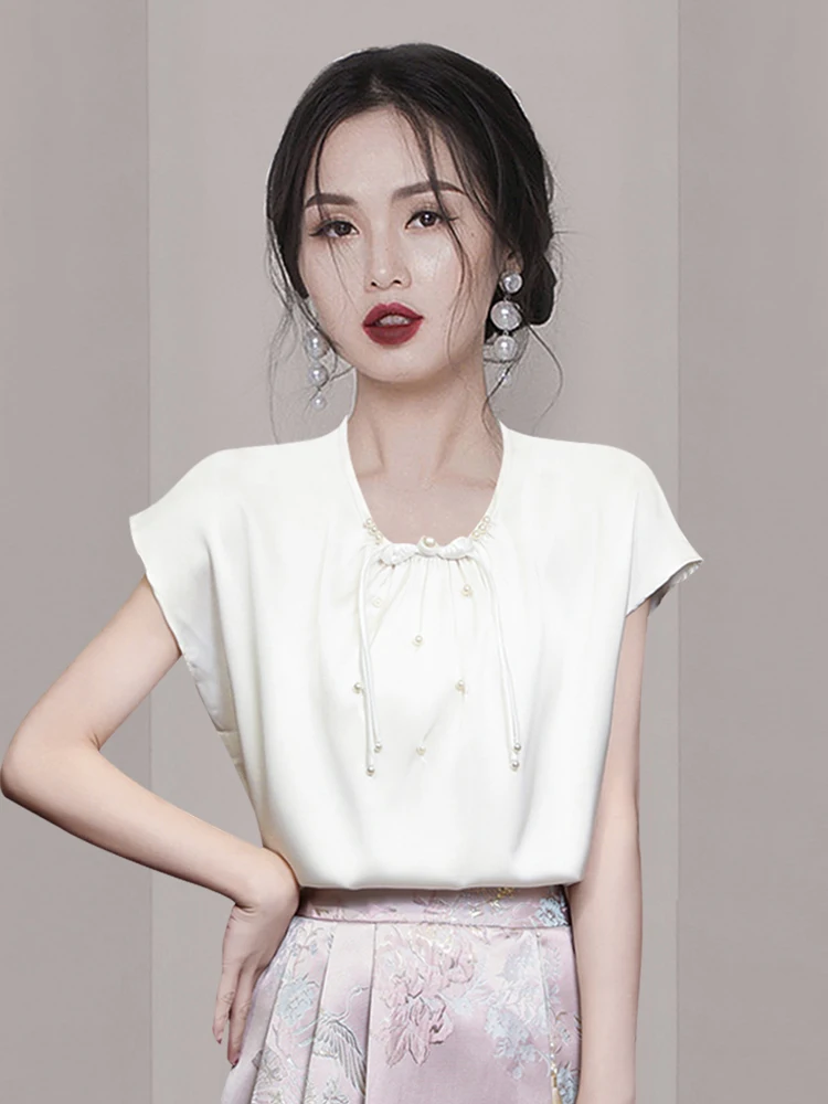 

2024 Women's Clothing Satin Short Sleeve Chiffon Shirt New Chinese Style White Top Spring Summer New No.69