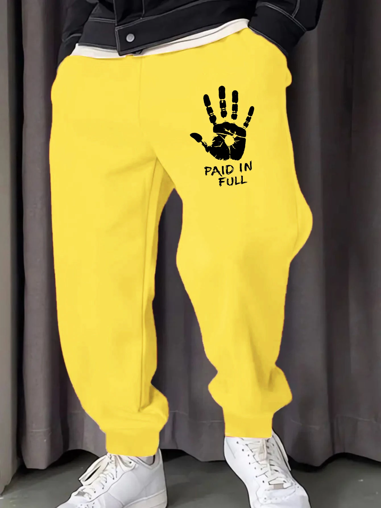 

Paid In Full Handprint Printed Men Jogging Pants Fleece Autumn Trousers Drawstring All-Match Sweatpants Hip Hop Casual Pant