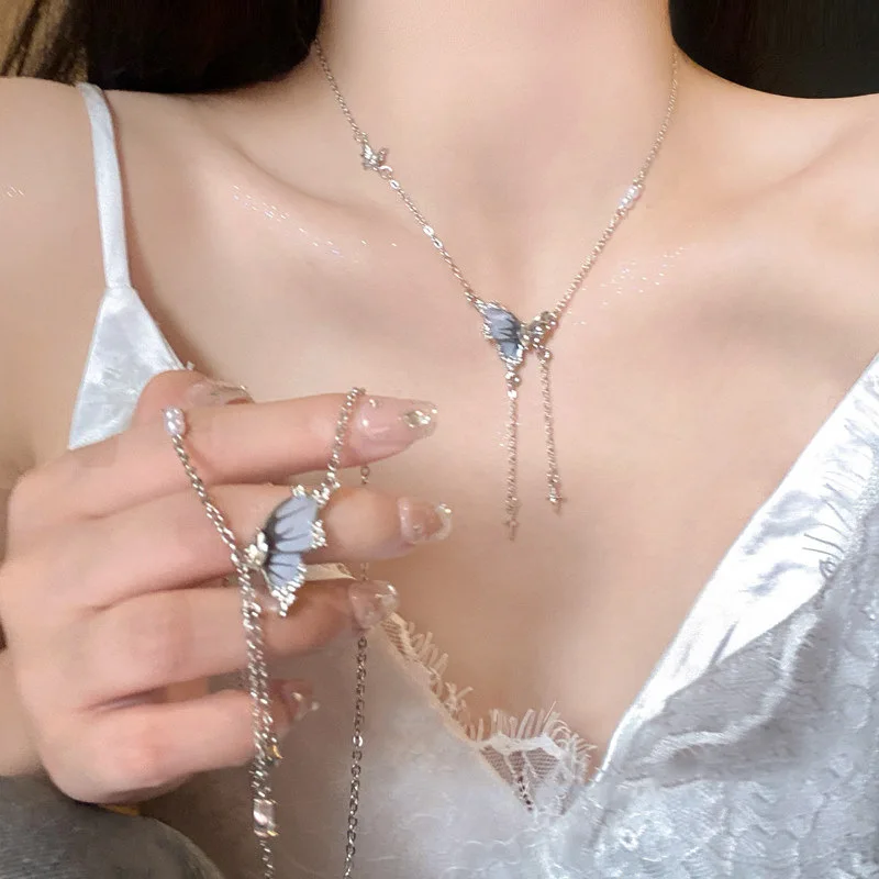 Fashion Enamel Oil Butterfly Pendant Necklace for Women Silver Color Chain Star Tassel Necklace Sweet Clavicle Jewelry Gift