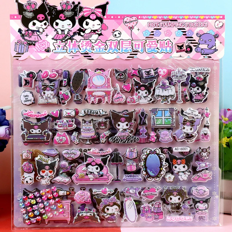 Pegatina 3D de doble capa Sanrio Kuromi, pegatinas Kawaii Cinnamoroll My Melody Bubble, pegatinas de estampado en caliente, regalo para niños