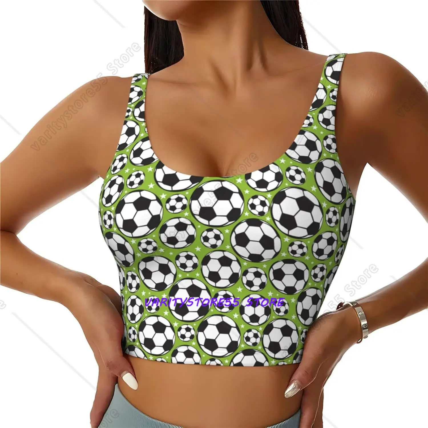 Green Soccer Ball  Women's Sports Bra Yoga Crop Gym Tank Top U Back Exercise Workout Top Removable Pads Running Outfits