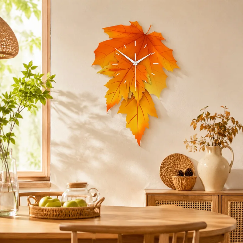 Leaves Shape Acrylic Wall Clock Modern Style No-Drilling Creative Large Size Living Room Decorative Timepiece