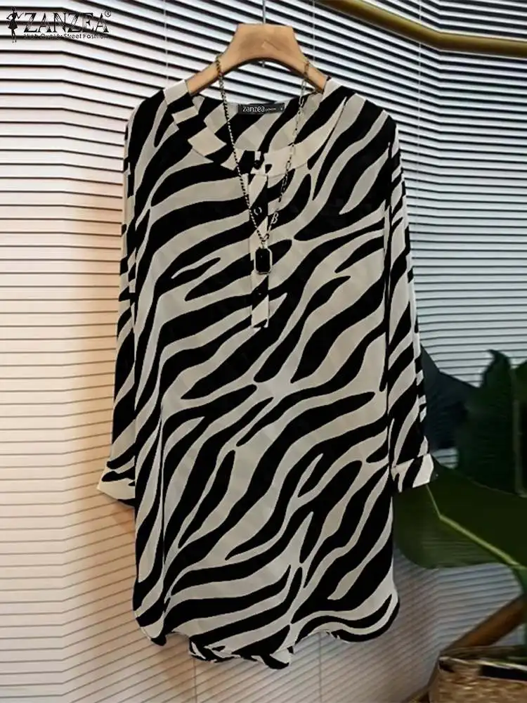 ZANZEA Bohmian Zebra Printed Shirt Fashion Women Long Sleeve Blouse Casual Loose Round Neck Long Tops 2024 Autuimn Holiday Tunic