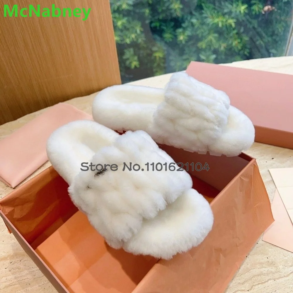 

Fur Flat Thick Sole Luxury Slippers For Female Women 2024 Newest Winter Round Toe Slip-on Solid Elegant Outside All-match Shoes