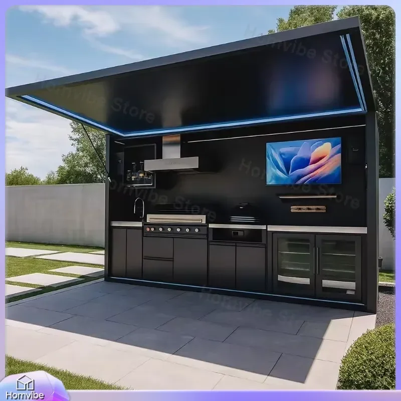 Customized Black Grey Outdoor BBQ Grill Station Garden Patio Kitchen Pod with Door Weatherproof 304 Stainless Steel BBQ
