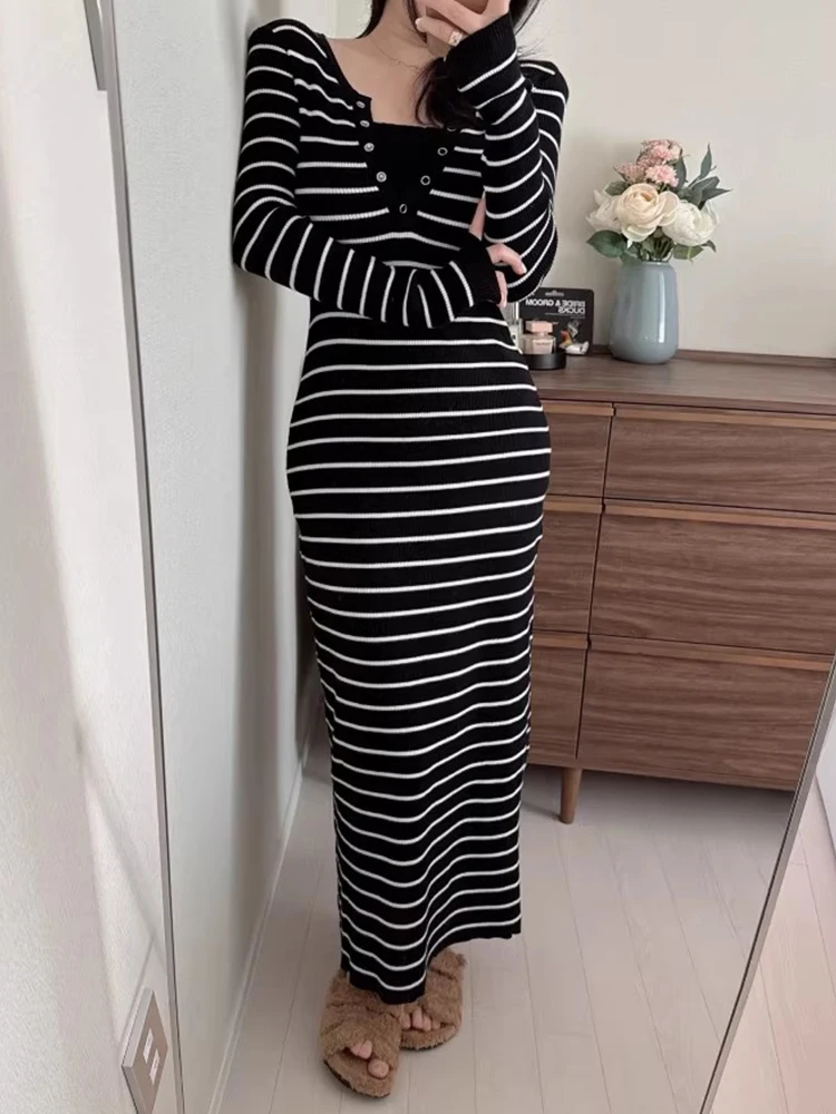 Vestido de Malha t Ajustado F Camada Base Vestido Longo Outono Novo Estilo para o Dia a Dia Cintura Alta Manga ...