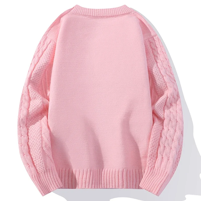 2024 Autumn Winter Knitted Men\'s Casual Sweater High Quality Round Neck Twists Weaving Pink Pullover Men Fashion Warm Sweater