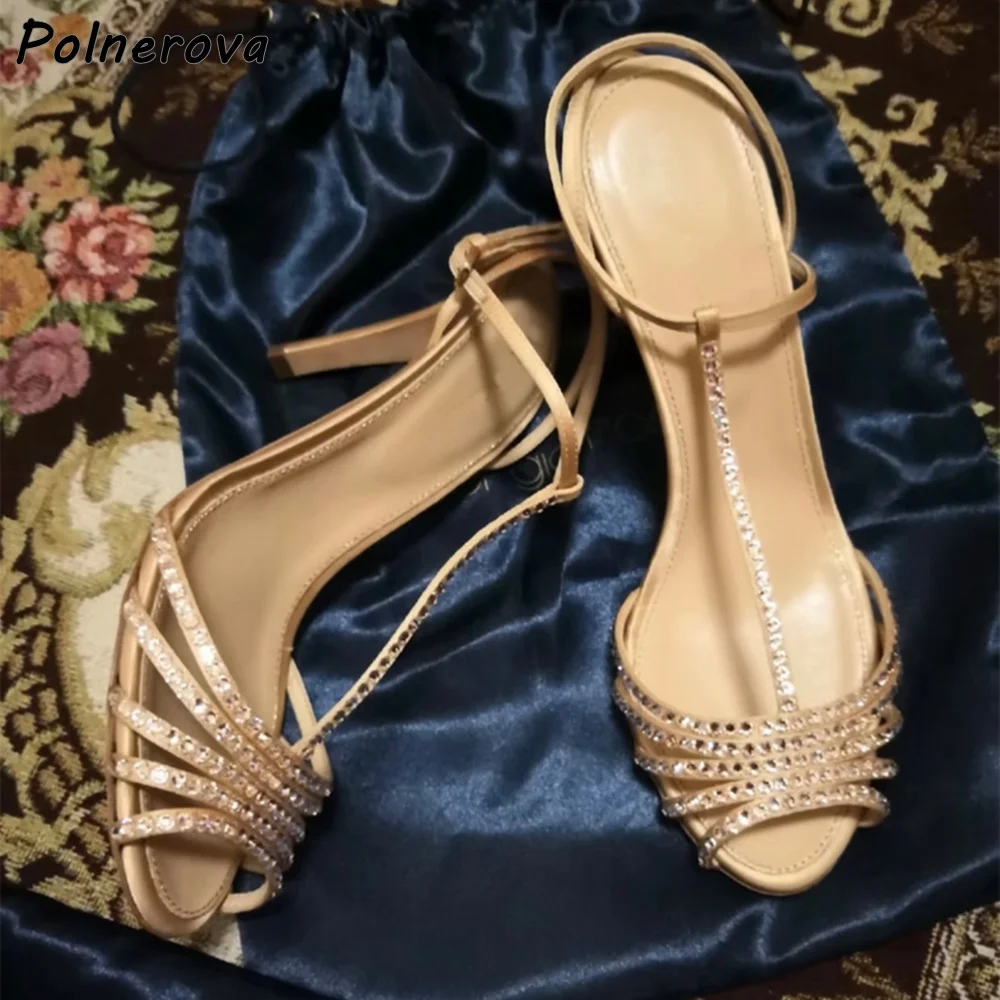

Narrow Band Crystal Sandals T-Strap Peep Toe Apricot Crystal Hollow Luxury Sandals Solid Ankle Band Slingback Stiletto Shoes