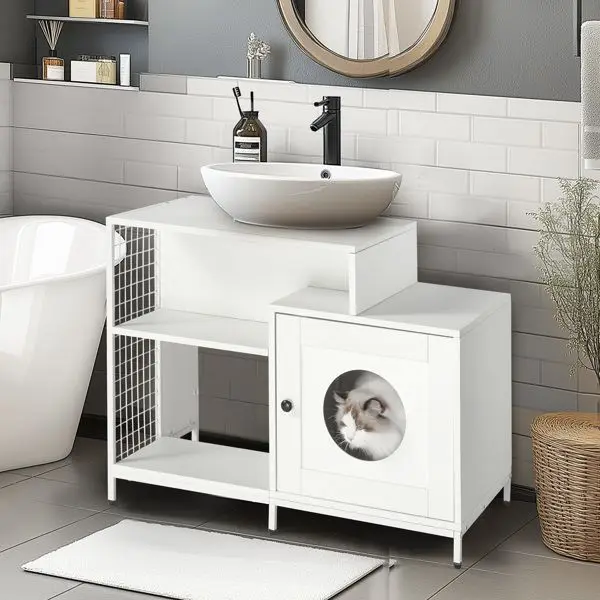 

Cat litter box enclosure for bathroom, Hidden Litter Pet Washroom with Divider, Indoor Cat House for Large Cats, White