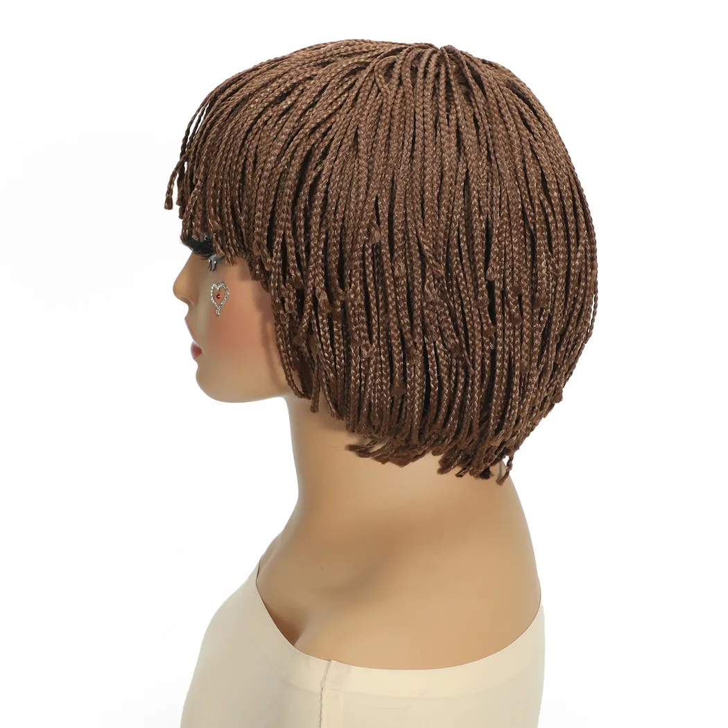 باروكة صناعية مجدولة مع غرة، باروكات قصيرة للنساء، لون أسود وبني للاستخدام اليومي، شعر صناعي من الألياف ذات درجة الحرارة العالية