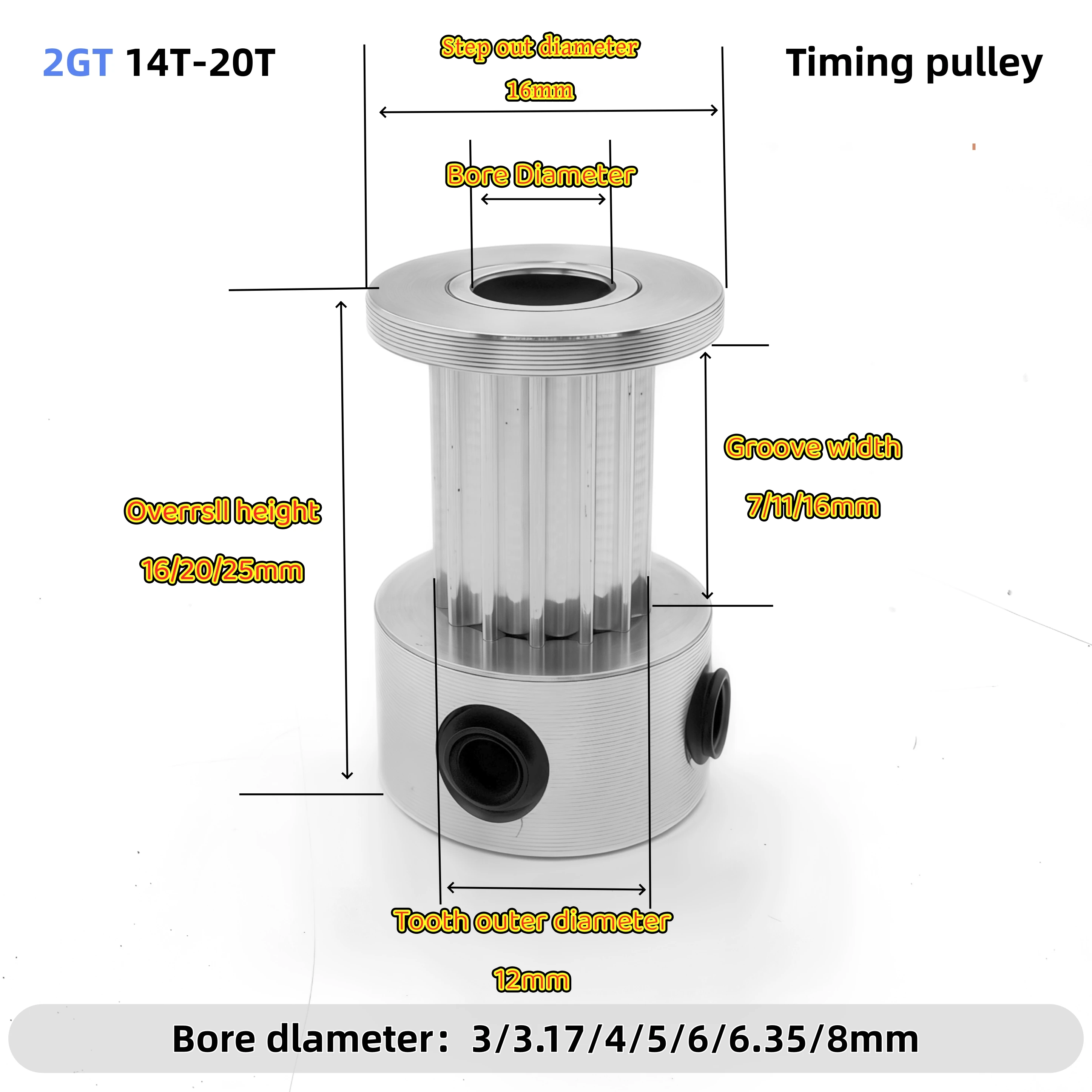 1PCS 3D Printer Parts 14-20 Teeth GT2 Timing Pulley Bore 3/3.17/4/5/6/6.35/8mm for Width 6mm GT2 Synchronous Belt 2GT Belt Pulle