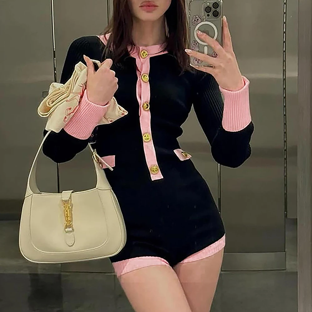 

Women's Slim Fit Knit Jumpsuit Contrast Color Long Sleeve European American Style Autumn New Arrival