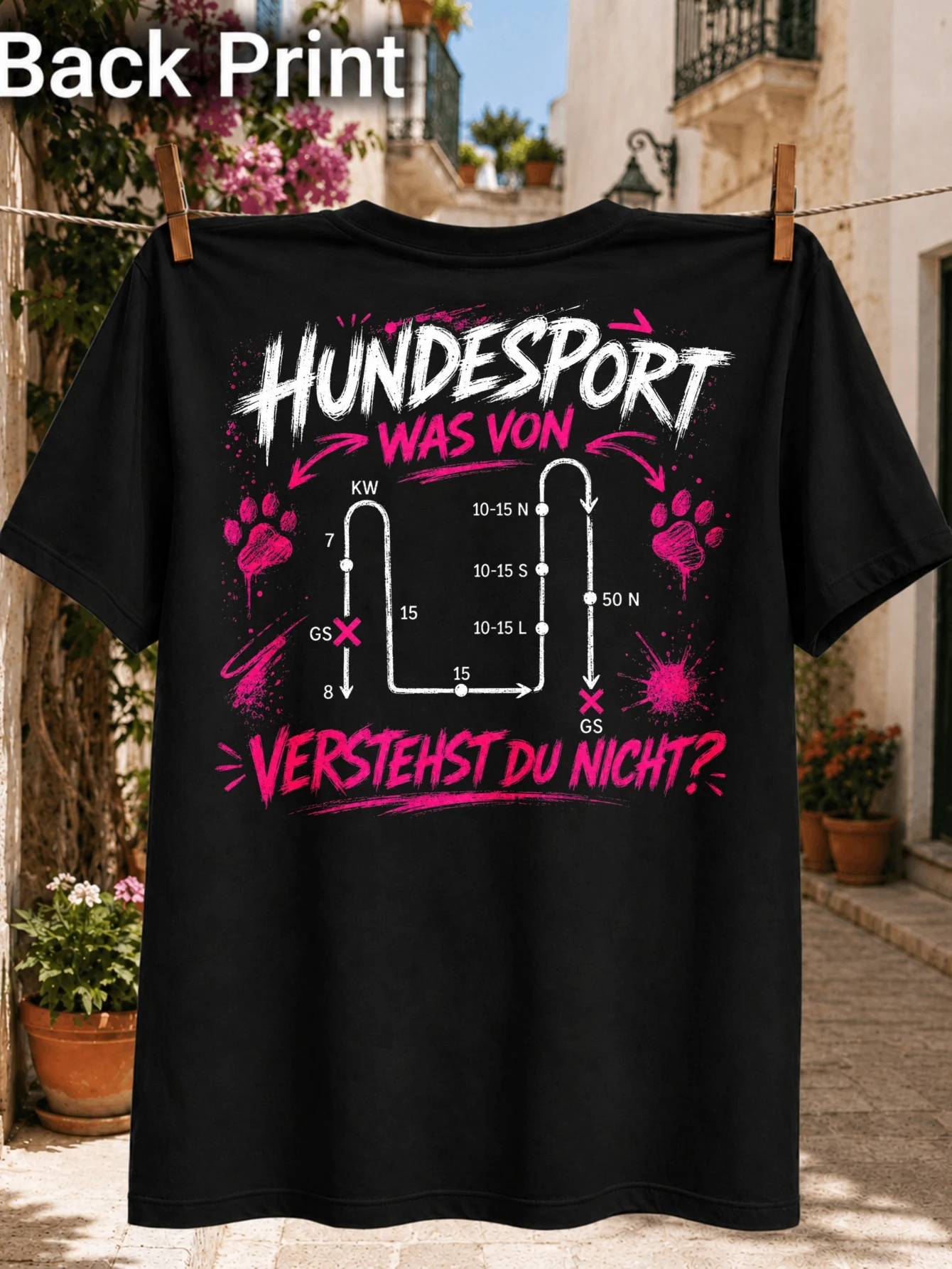 German Hundesport Agility Course with Brush Lettering Pink Paw Prints Route Diagram and Bold  Unisex All T-Shirt