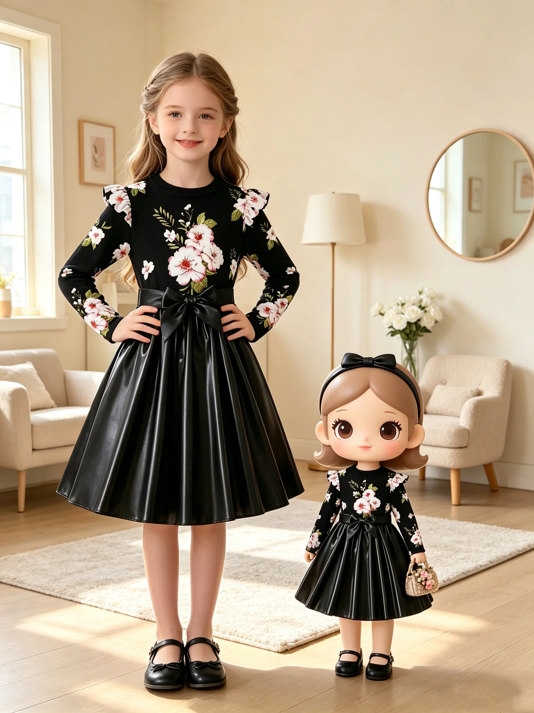 Children's Flower Print Casual round Neck Dress with Ruffle Edge Long Sleeves Waist Cinching Tie Mid-Length Skirt