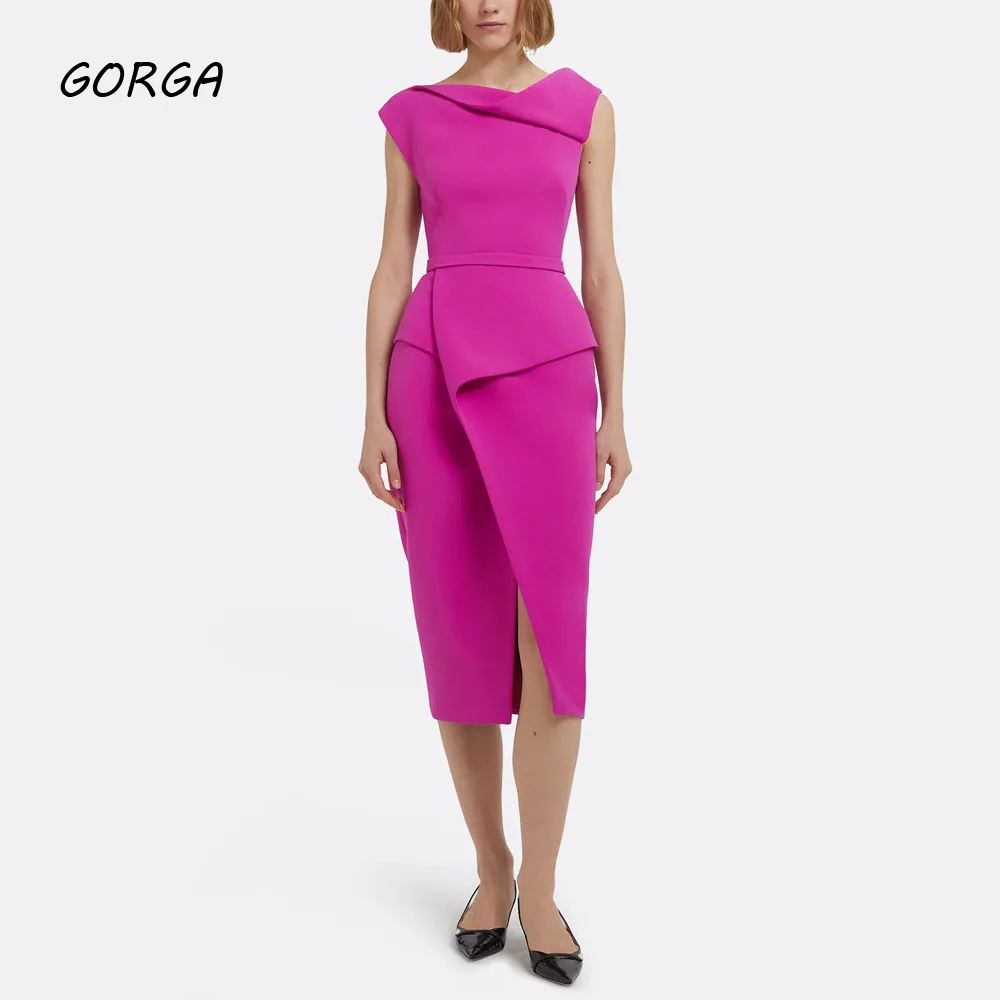 

GORGA Customized Fuchsia O-Neck Crepe Formal Evening Dress Slim Mermaid Prom Dress 2025 Saudi Tea-Length Party Dress
