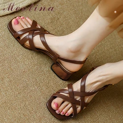 Meotina Women Genuine Leather Square Toe Thick Mid Heel Sandals Buckle Narrow Band Ladies Fashion Casual Shoes Summer Beige